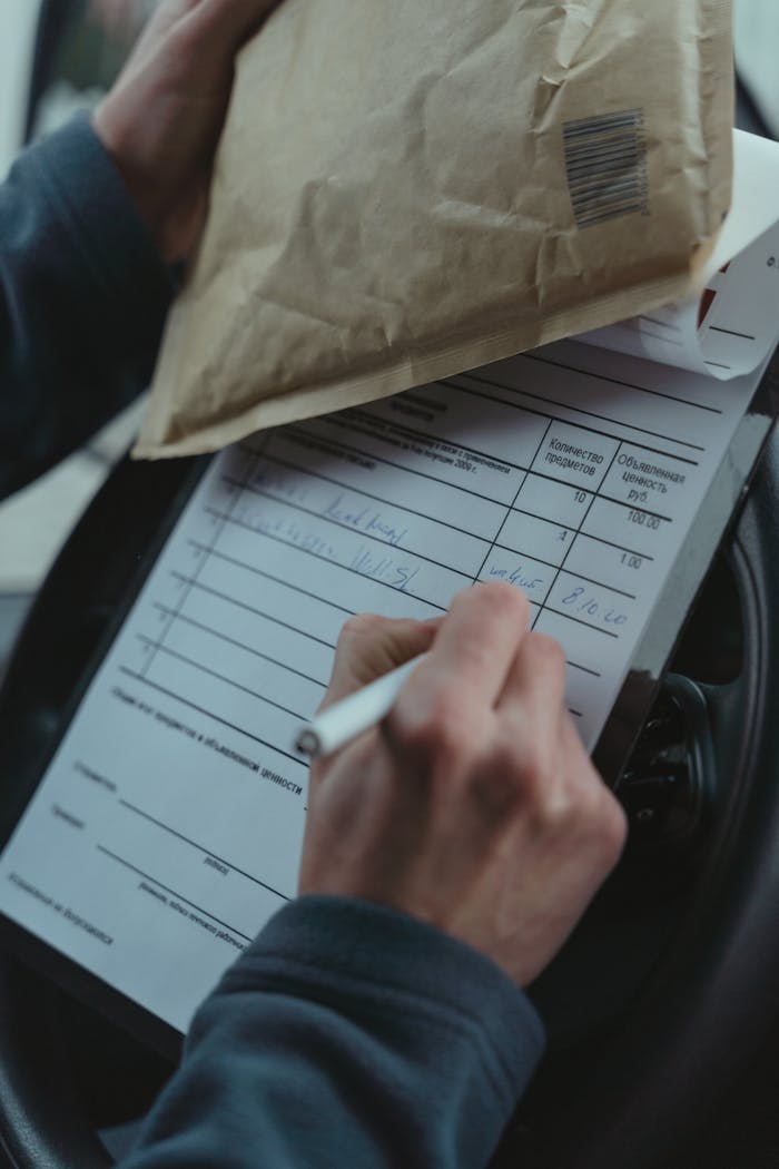 Close-up of a courier signing a package delivery form on a clipboard inside a vehicle.
