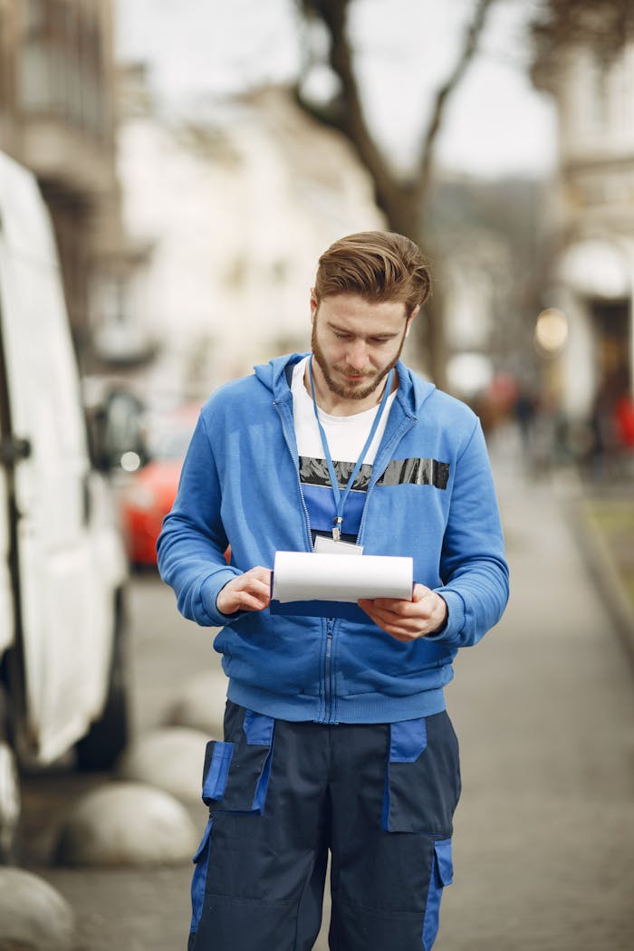 A delivery worker in blue uniform reading documents on a city street during the day.