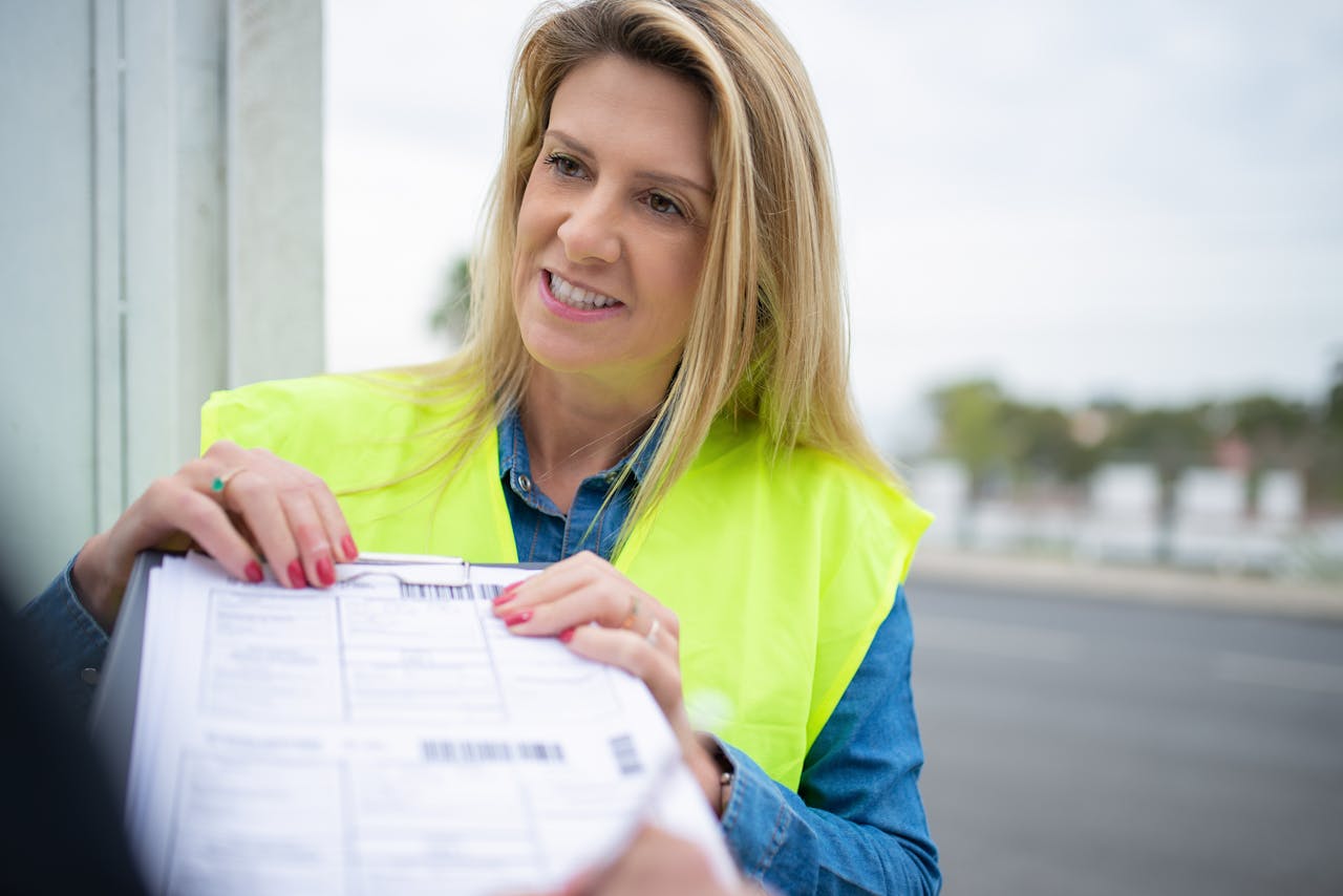Blonde woman in a reflective vest delivering documents outdoors in Portugal.